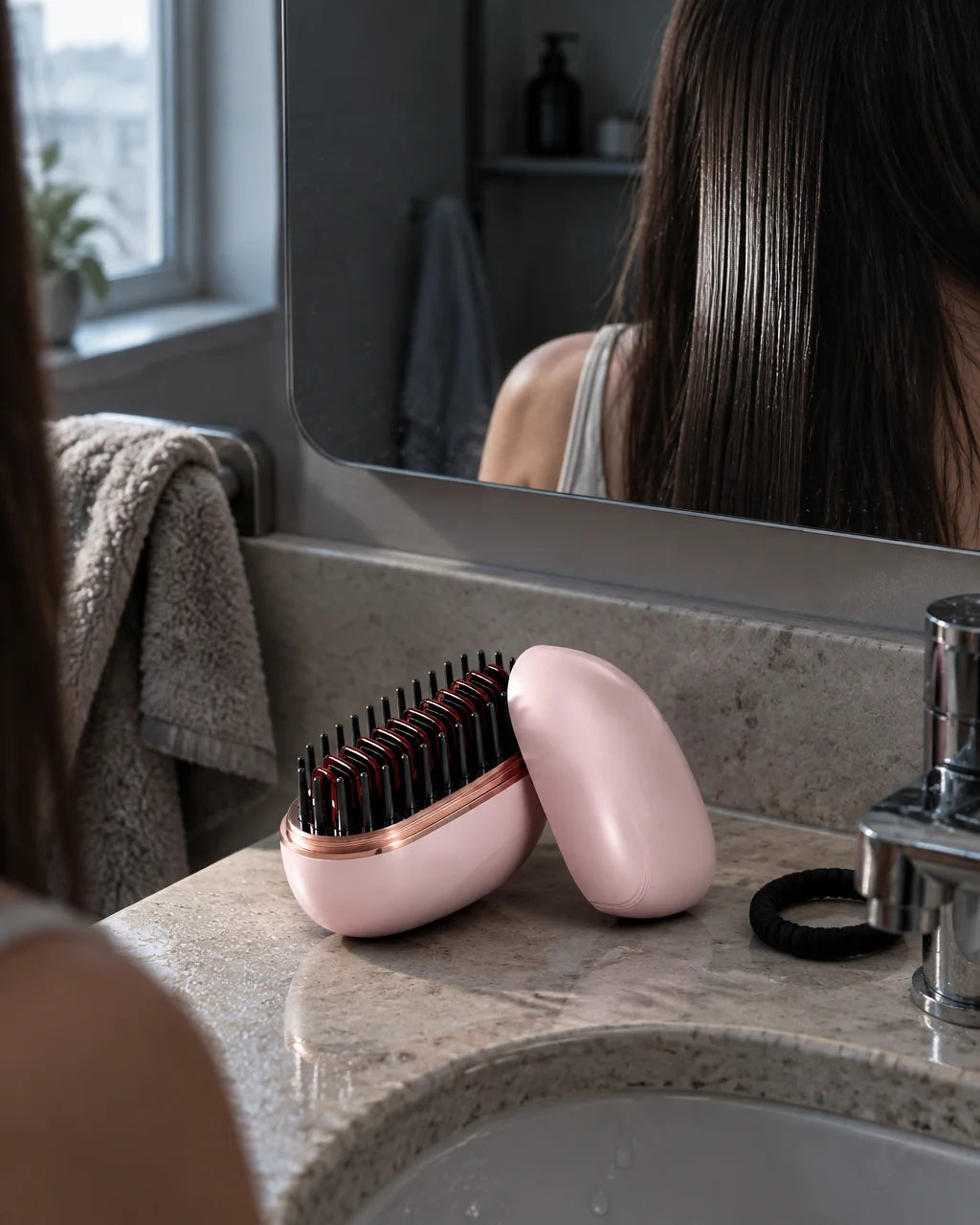 A candid photograph of the exact open pale-pink Lunéa mini heated comb from reference r00, recogniza