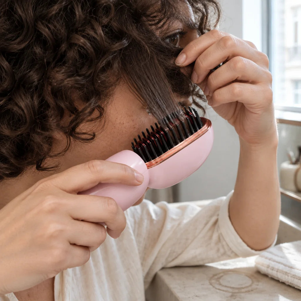 A close candid photograph of the exact pale-pink Lunéa mini heated comb from reference r00, open bla