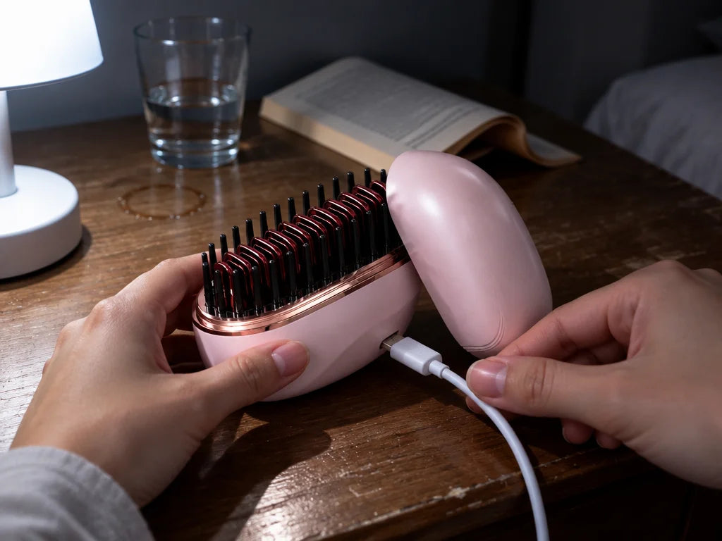 A candid photograph of the exact pale-pink Lunéa mini heated comb from reference r00, open teeth and