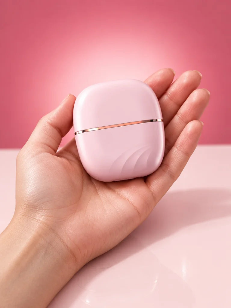 A studio photograph of the exact closed pale-pink Lunéa mini smoothing comb from reference r04, roun