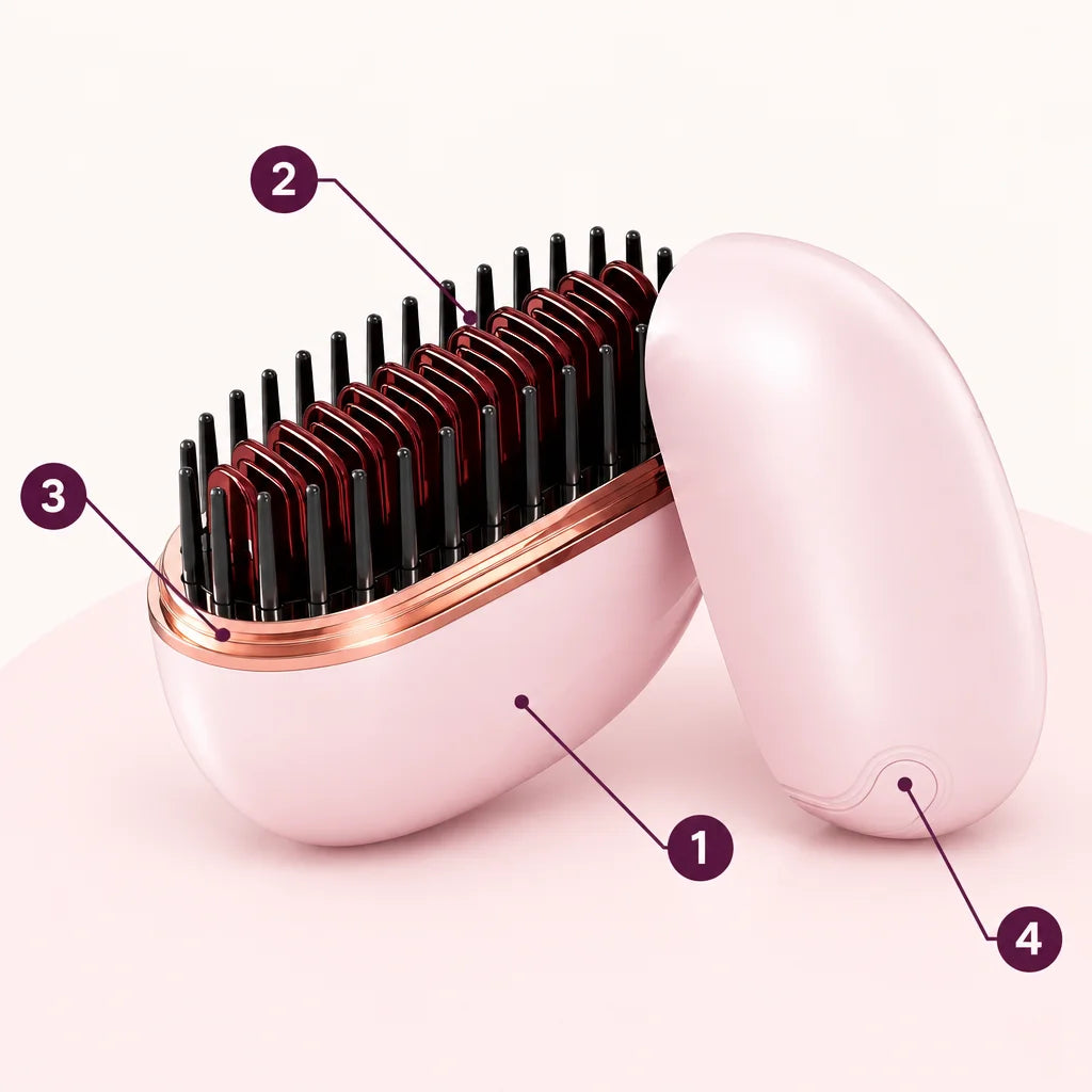 A graphic product diagram based on the exact open pale-pink Lunéa mini heated smoothing comb from re