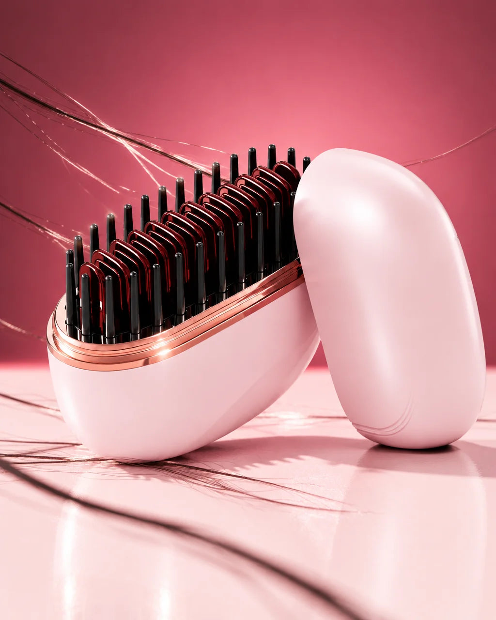 A studio photograph of the exact Lunéa mini heated smoothing comb from reference r00, its compact pa
