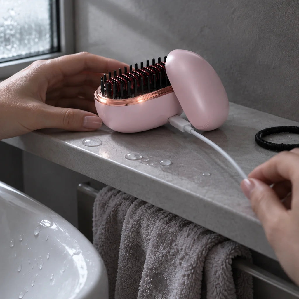 A candid photograph of the exact pale-pink Lunéa mini heated comb from reference r00, open black tee