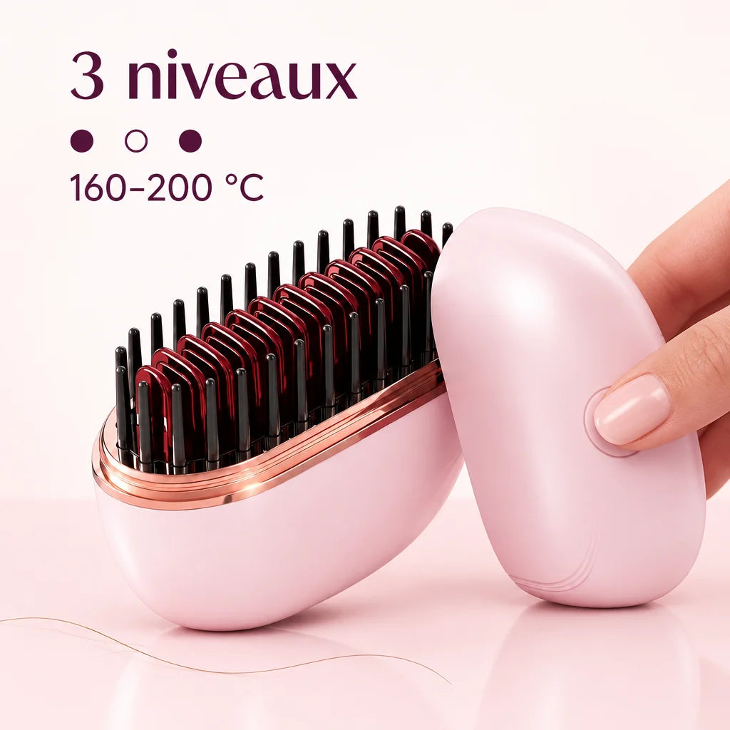 A graphic built from a close studio photograph of the exact Lunéa mini heated smoothing comb from re