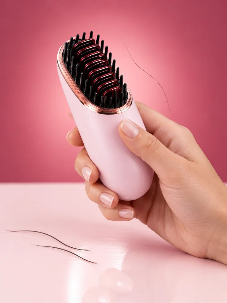 A studio photograph of the exact pale-pink Lunéa mini heated smoothing comb from reference r00, open